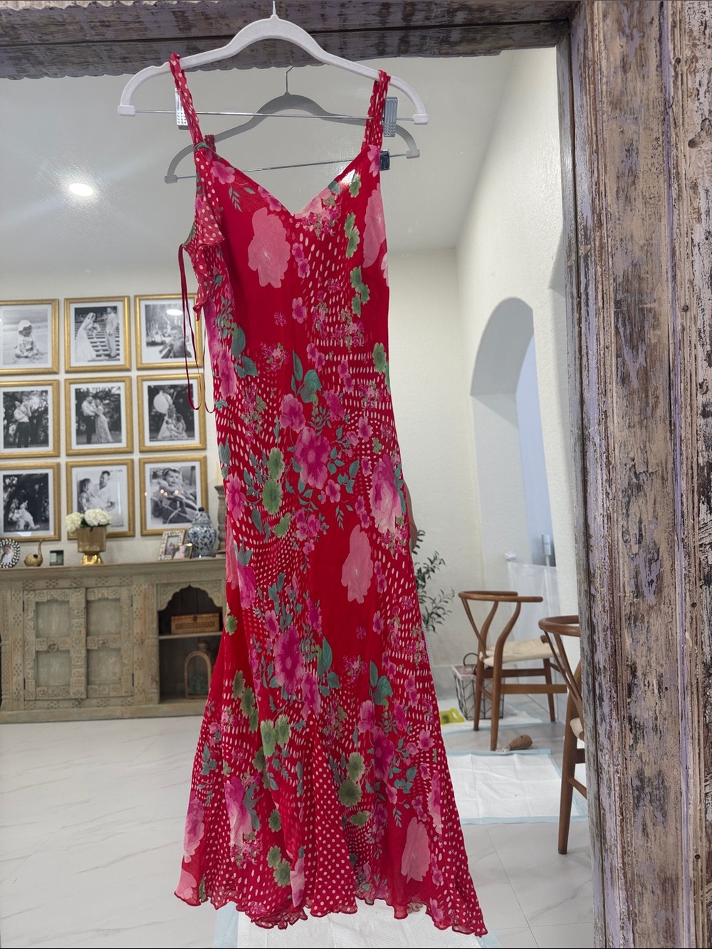 per una Red, Pink, and Green Floral and Polka Dot Midi Slip Dress - Picture 1 of 6
